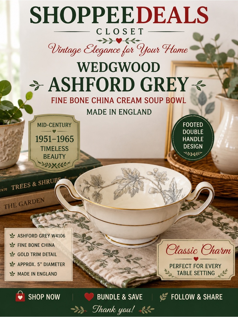 Vintage Wedgwood Ashford Grey W4106 Bone China Cream Soup Bowl Gold Trim England